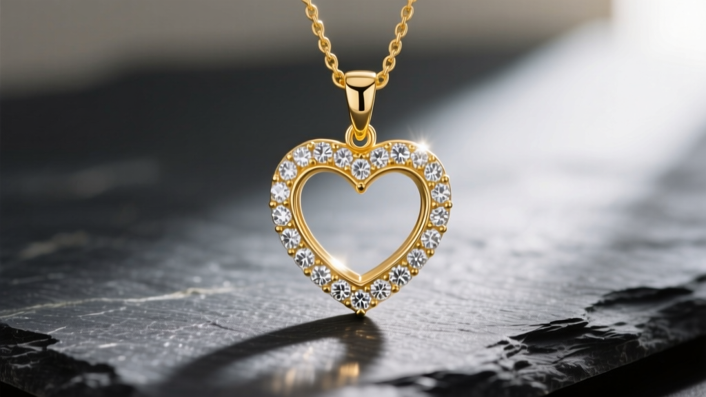 14k yellow gold heart pendant with pavé diamonds resting on dark slate, soft lighting highlighting the metal grain and sparkle