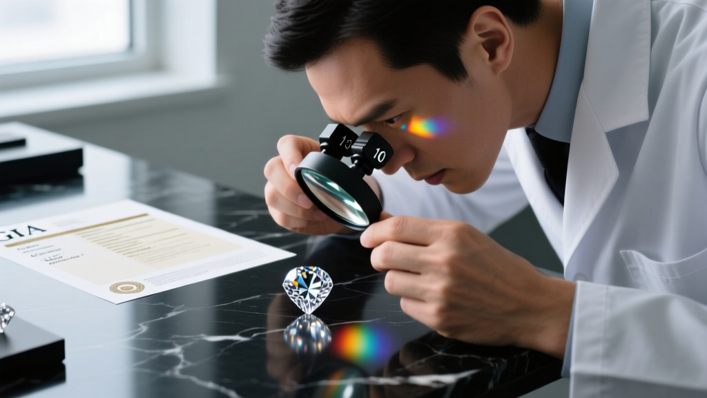 Jeweler using a 10x loupe to inspect a brilliant diamond, with a printed GIA grading report blurred in the background