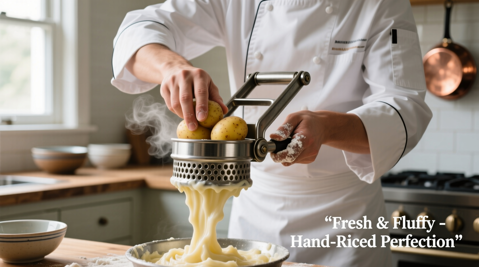 Chef pressing boiled potatoes through a metal potato ricer