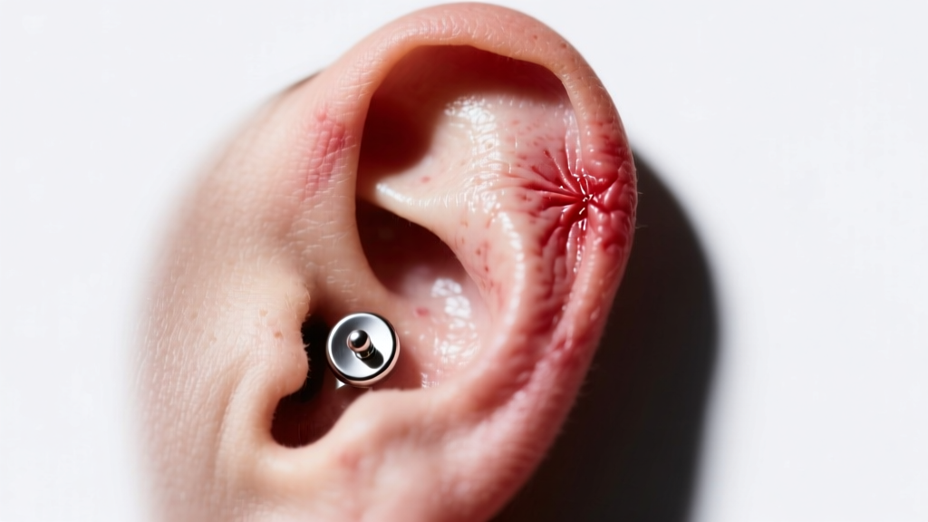 Close-up of a swollen earlobe with a metal earring back partially embedded in skin, lit by bright clinical lighting.