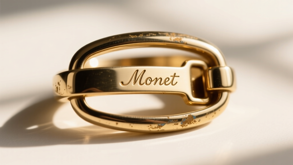 Macro photography of a vintage 1980s jewelry clasp showing a faint Monet maker