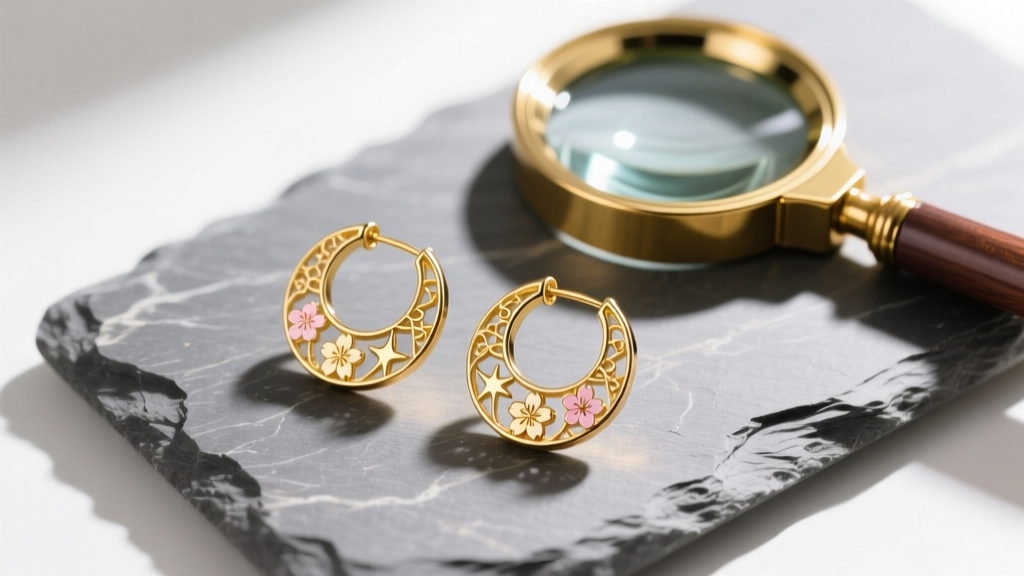Flat lay of custom anime-inspired gold huggie earrings and a jewelers loupe on a textured slate board in bright natural daylight