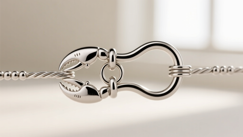Macro shot of a sterling silver lobster clasp attached to a beading wire using a 2x2mm crimp tube and a curved wire guardian loop