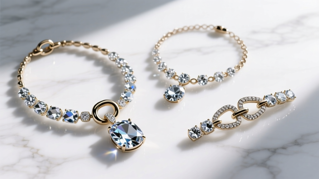 Flat lay of three vintage crystal necklaces showing a barrel clasp, spring ring, and fold-over clasp on a white marble surface
