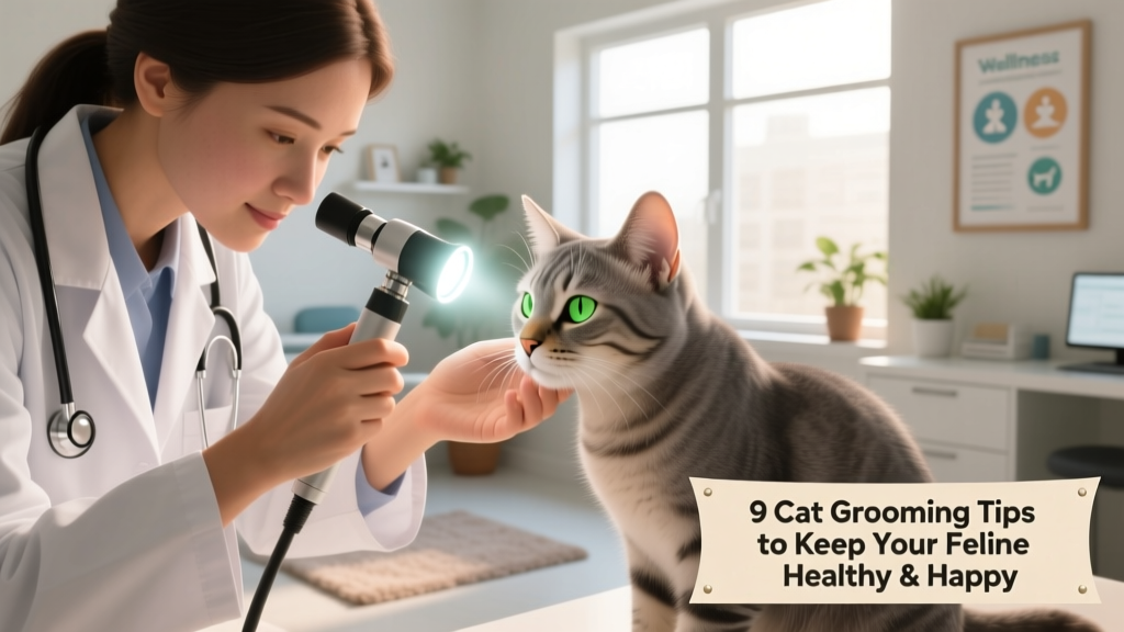 Veterinarian calmly examining a cat's ear with a lighted otoscope during a wellness check