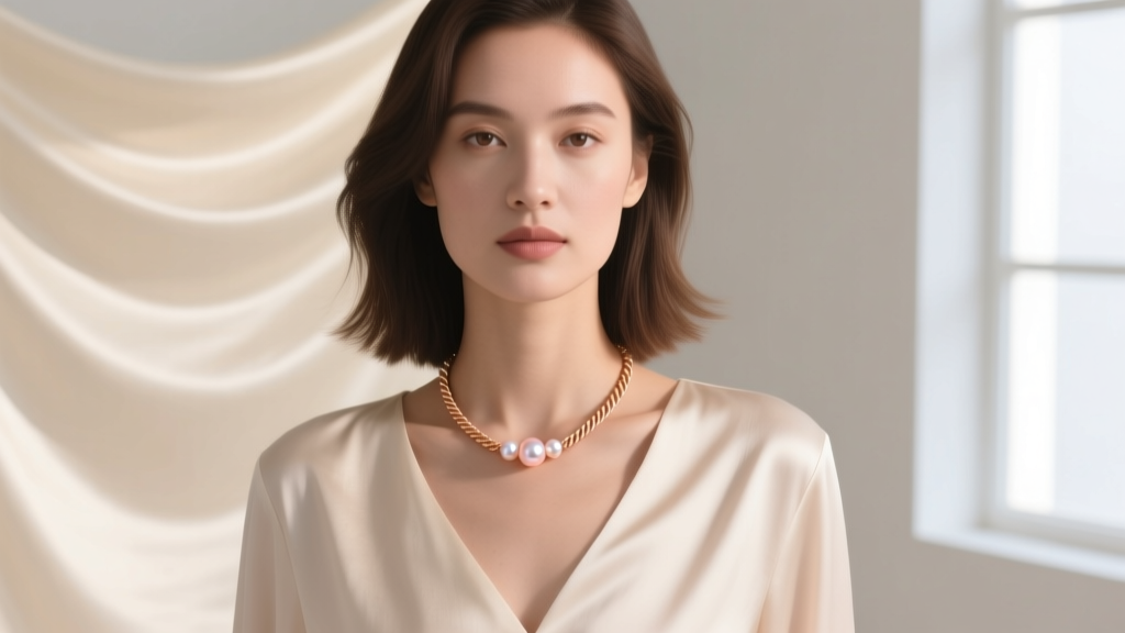 Woman wearing a 9mm peach freshwater solitaire pearl necklace on a 16-inch 18k rose gold rope chain against a cream silk blouse.
