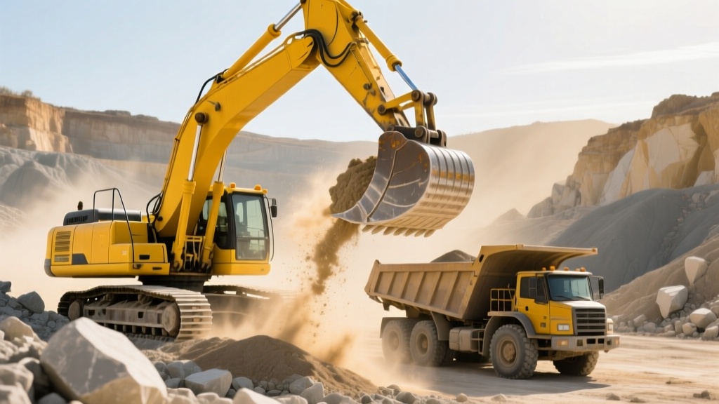 Heavy duty yellow excavator loading raw limestone aggregates into a dump truck at a sunlit commercial quarry operation