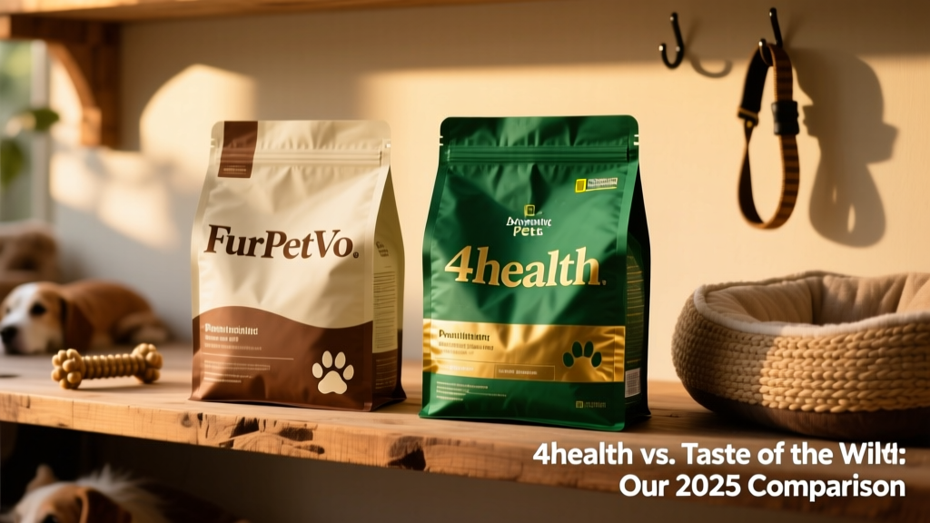 Side-by-side comparison of two dog food bags on a shelf: one labeled 'FurPetVo' and the other '4health'