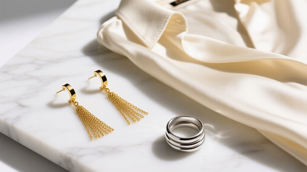Top-down flatlay of 18k gold chain fringe earrings styled with a cream silk blouse and minimalist rings on a white marble surface.