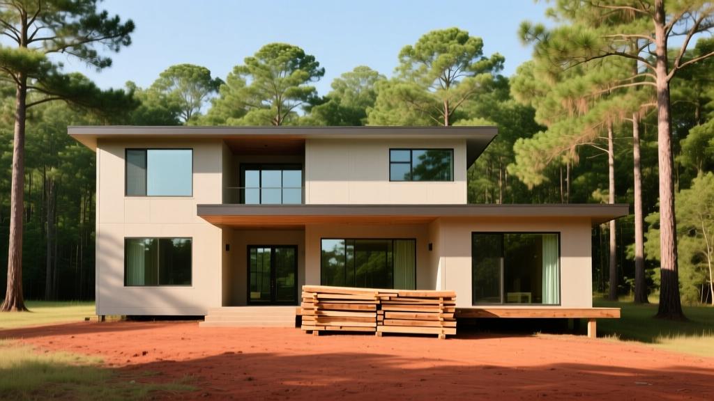New two-story home framing in Georgia, showing red clay soil and stacked lumber against tall pine trees in bright sunlight.