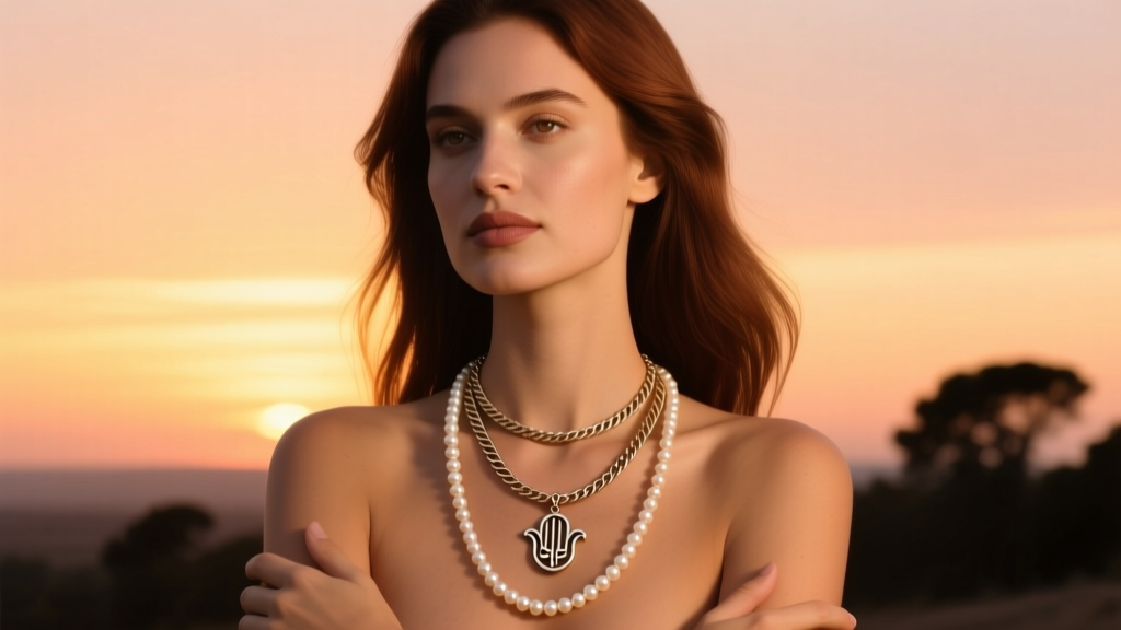 Woman wearing a 16-inch cable chain hand necklace hamsa layered with a longer pearl strand against a warm sunset backdrop