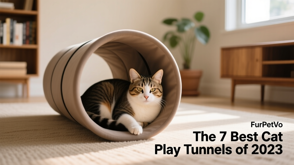 A relaxed cat curled up inside the FurPetVo Vesper Tunnel, surrounded by soft lighting and neutral decor