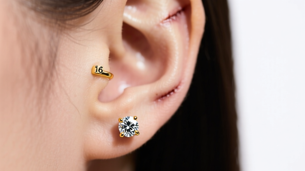Side profile of a healed helix piercing wearing a 16-gauge 14k yellow gold bezel-set diamond hypoallergenic stud earring.
