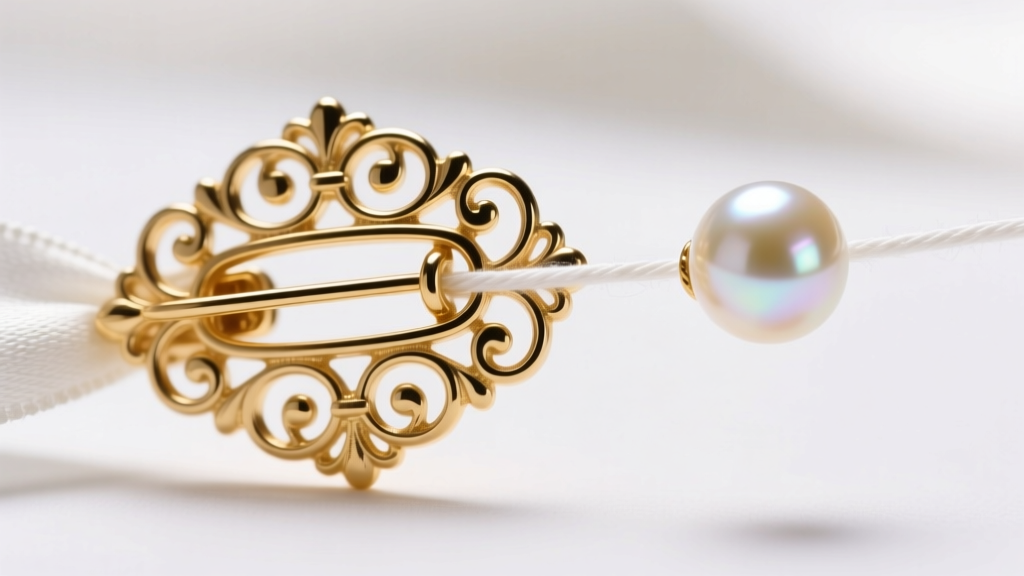 Macro shot of a heavy gold filigree clasp pulling delicate white silk thread taut, rotating a single strand of Akoya pearls.