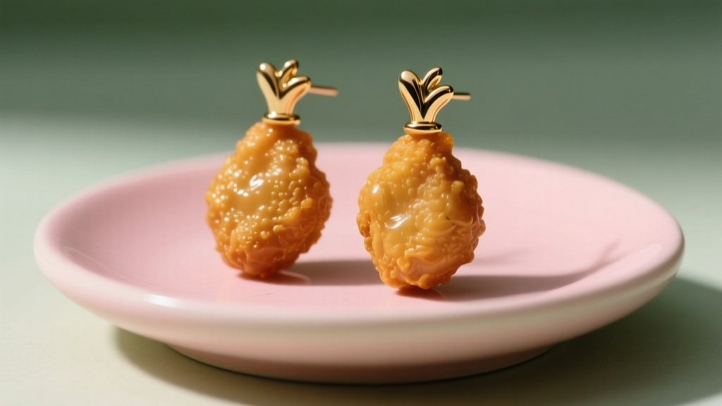 Close-up of realistic golden-brown resin chicken nugget earrings resting on a pastel pink ceramic dish under warm studio lighting