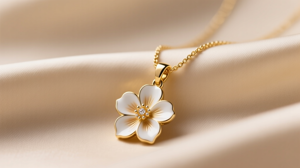 Close-up of a gold-plated brass Pilgrim necklace with a white enamel flower pendant resting on beige silk, soft studio lighting.