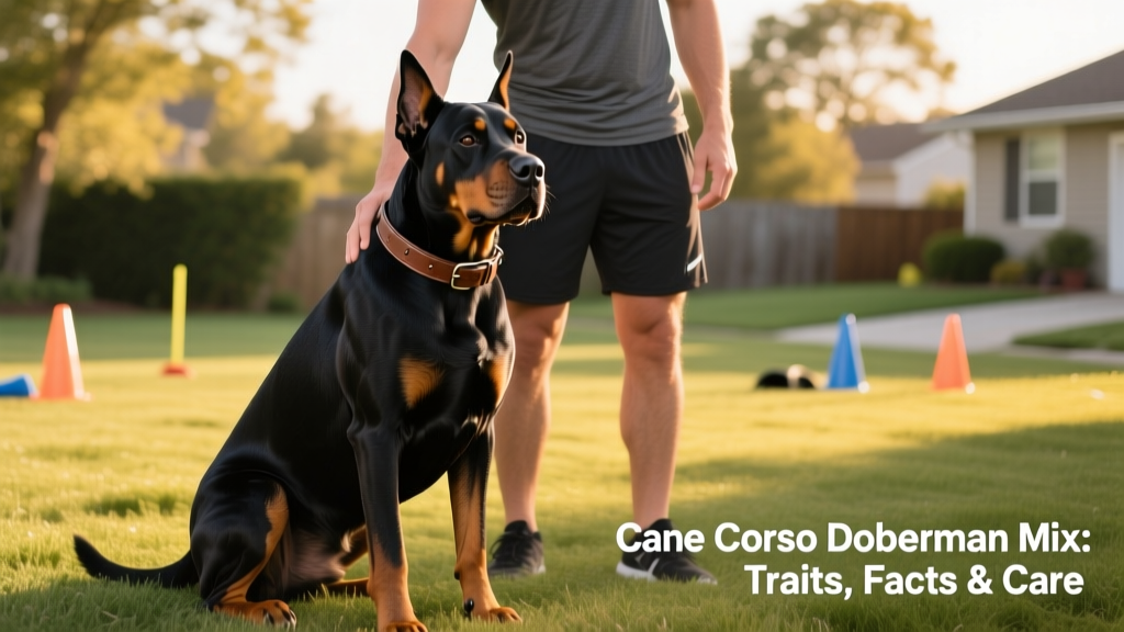 A happy, well-trained Cane Corso Doberman mix sitting attentively beside its owner during an outdoor training session