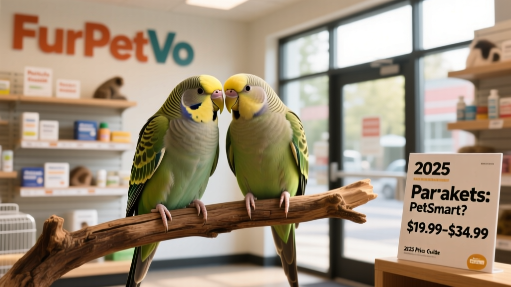 Two friendly parakeets sitting side-by-side on a perch, interacting gently, at a FurPetVo store