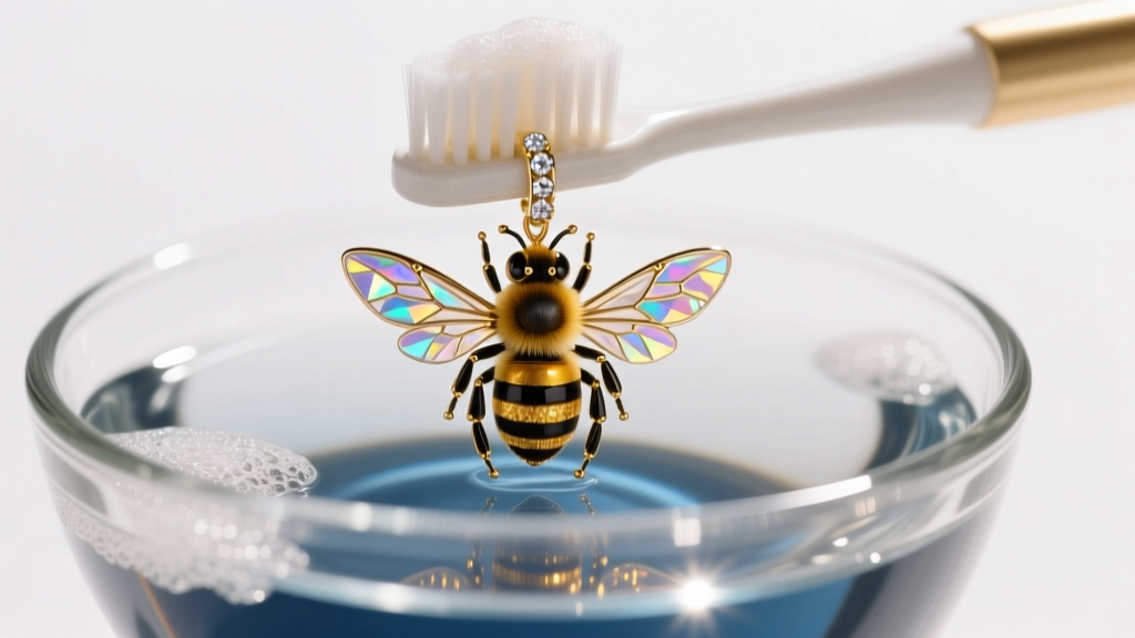 Soft toothbrush gently scrubbing the diamond wings of a bumble bee earring in a glass bowl of warm soapy distilled water.