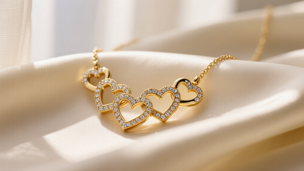 14k gold four heart necklace on cream silk, showing interlocking pendants with diamond accents in warm lighting.