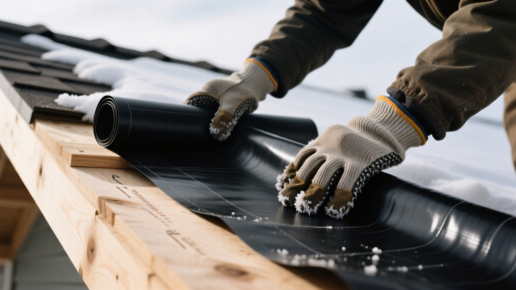 Roofer in heavy winter gloves unrolling a black self-adhering ice and water roofing material membrane over a wooden plywood roof deck eave