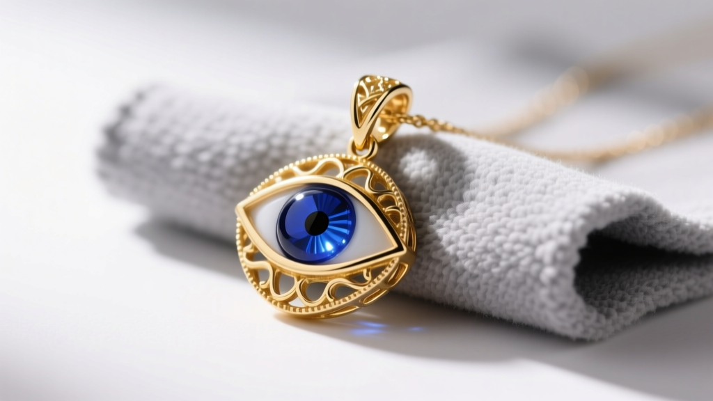 Close-up of a 14k gold necklace evil eye pendant with a blue glass center resting on a soft gray microfiber cleaning cloth.