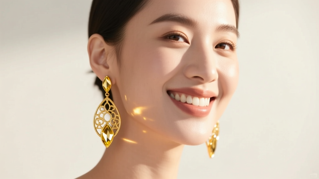 Smiling woman wearing asymmetric 18k yellow gold drop earrings that catch warm sunlight against her jawline in soft studio lighting