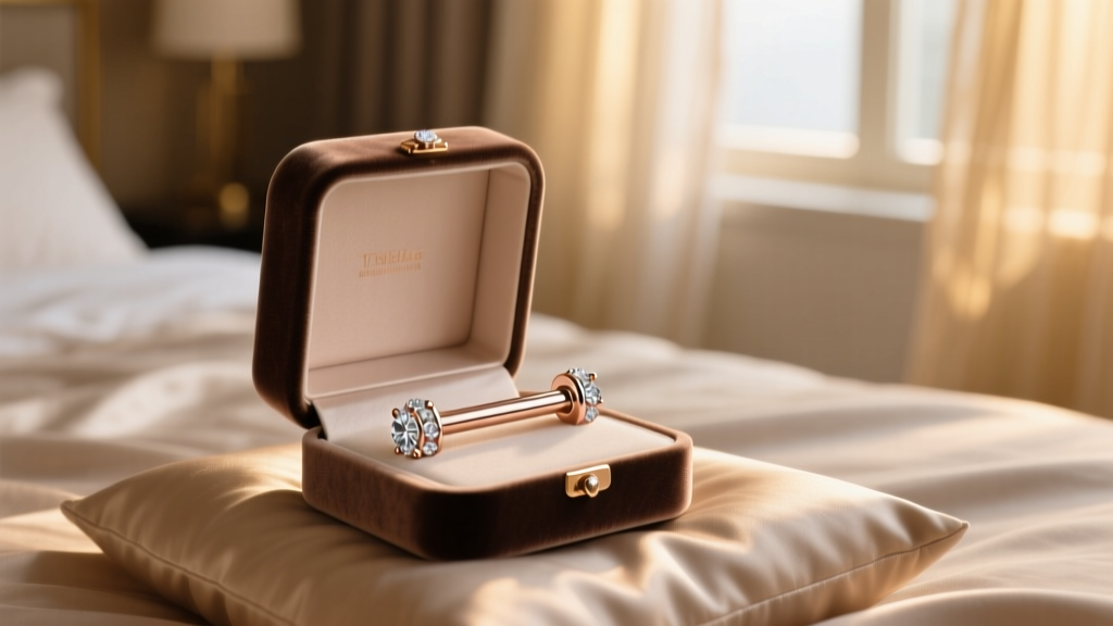Velvet box revealing a rose gold PVD titanium surface barbell with diamond accents, romantic bedroom setting, warm soft lighting.
