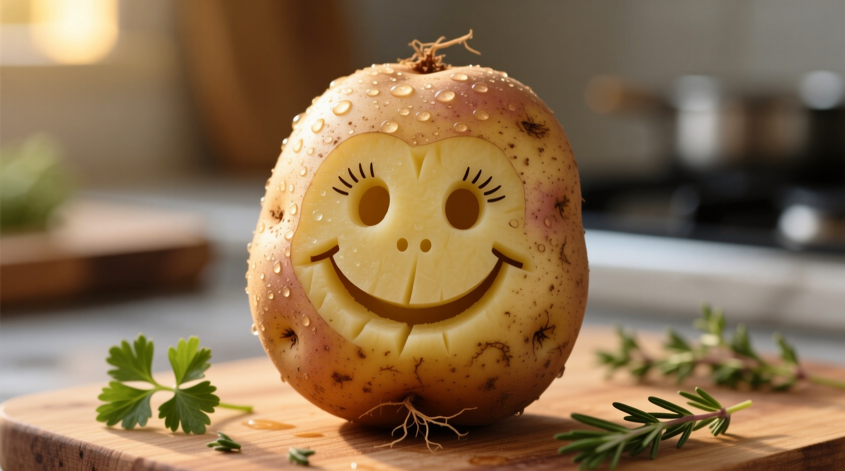 Fresh potato with carved smiley face design