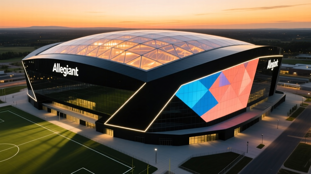 Aerial view of Allegiant Stadium at dusk highlighting the reflective black glass exterior and illuminated translucent ETFE roof structure.