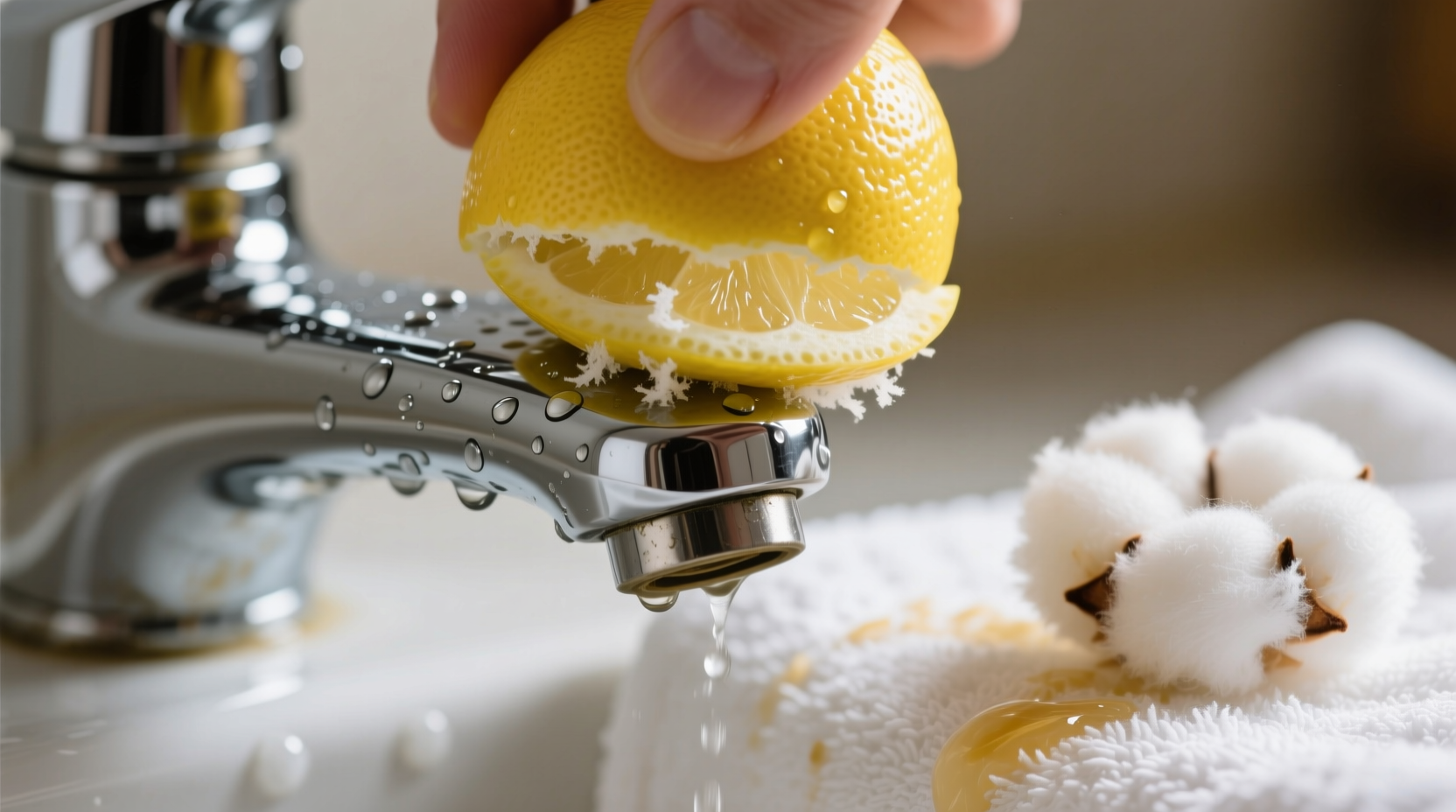 Close-up photo showing lemon rind being rubbed in circular motion over a stainless steel faucet spout, with visible mineral deposit lifting at the point of contact; rice vinegar-soaked cotton ball resting beside it on a clean white towel