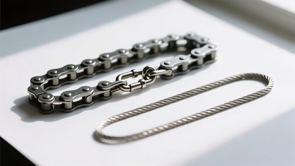 Close-up technical comparison of a 1.2mm steel box chain with a lobster clasp next to a fragile 0.8mm cable chain on white paper