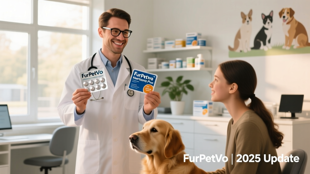 Veterinarian holding FurPetVo Trifexis and FurPetVo Heartgard Plus blister packs, smiling while explaining prevention to a client