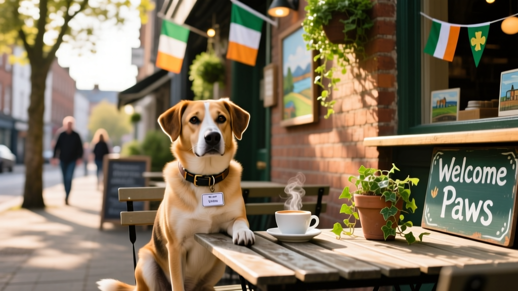 A friendly dog sitting beside a table at an outdoor seating area of a Belfast café