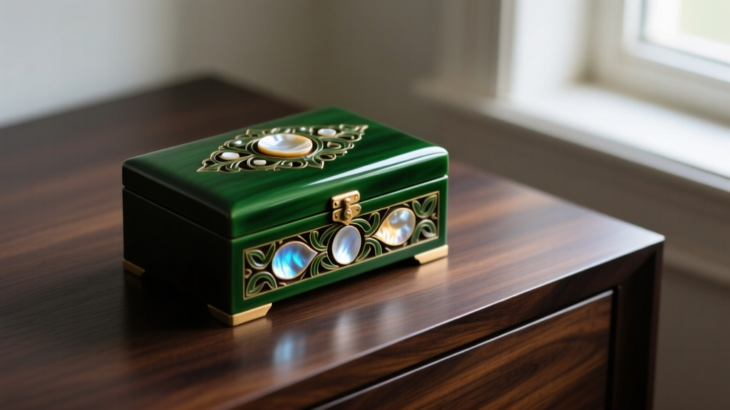 Hand-carved wooden jewelry box with a rich green lacquer finish and mother-of-pearl inlay, displayed on a dark oak dresser