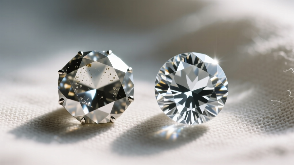 Foil-backed Georgian rose-cut diamond clouded by water damage next to a pristine dry-cleaned example on a neutral linen cloth