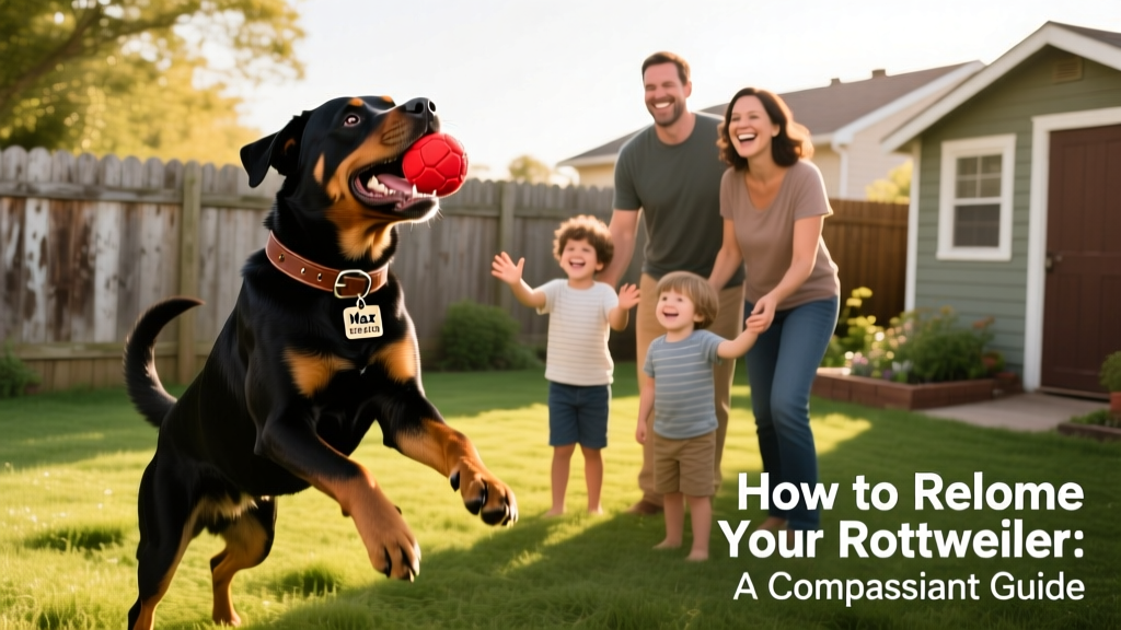 A happy Rottweiler playing fetch with a new family in a fenced yard, with visible tags and collar