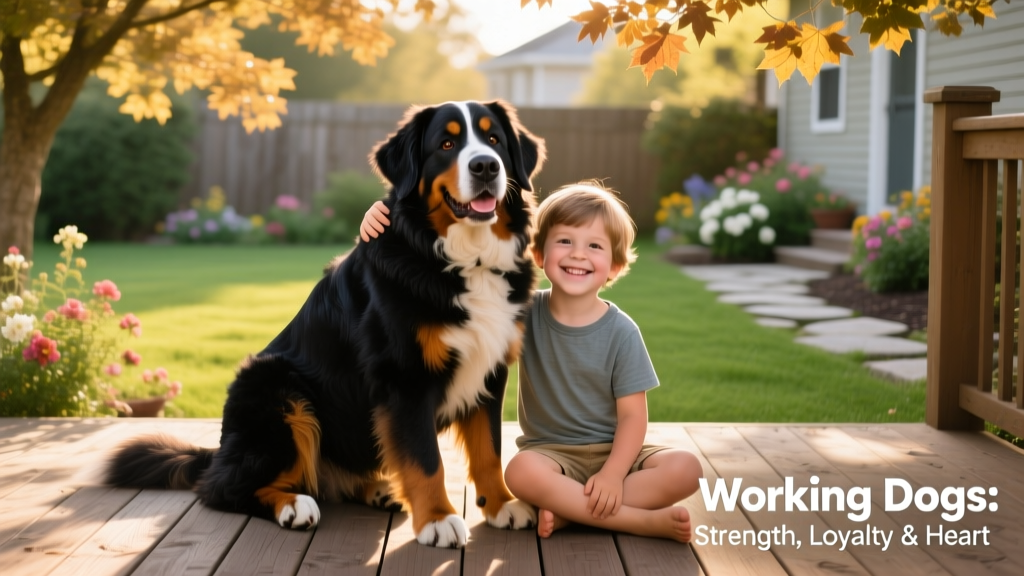 A Bernese Mountain Dog and child sitting side-by-side, both smiling, in a sunlit backyard