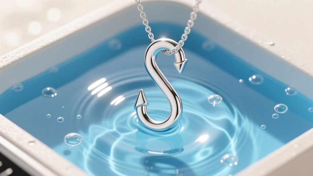 Overhead shot of a sterling silver S-hook necklace hook submerged in an ultrasonic cleaner with blue solution, bright lighting.