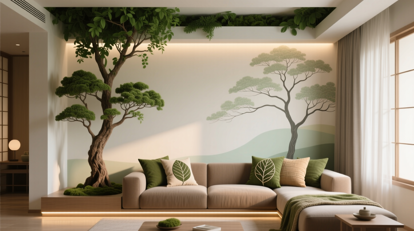 how to create a matching living room scheme with tree and couch pillows