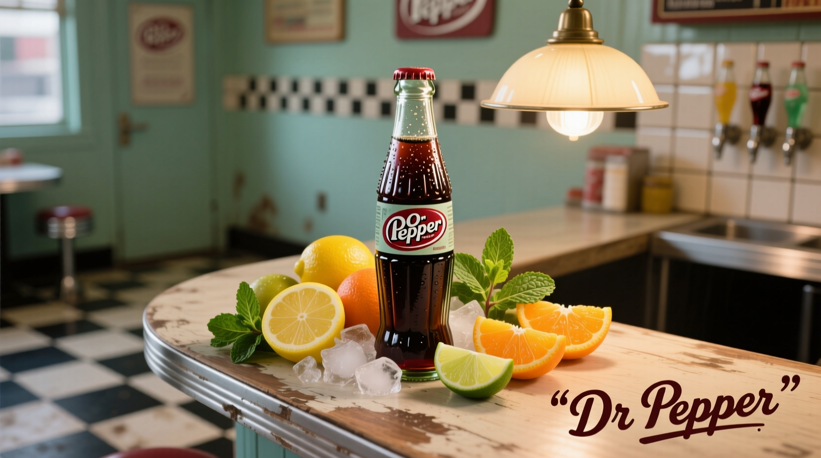 Dr Pepper bottle next to various fruit ingredients