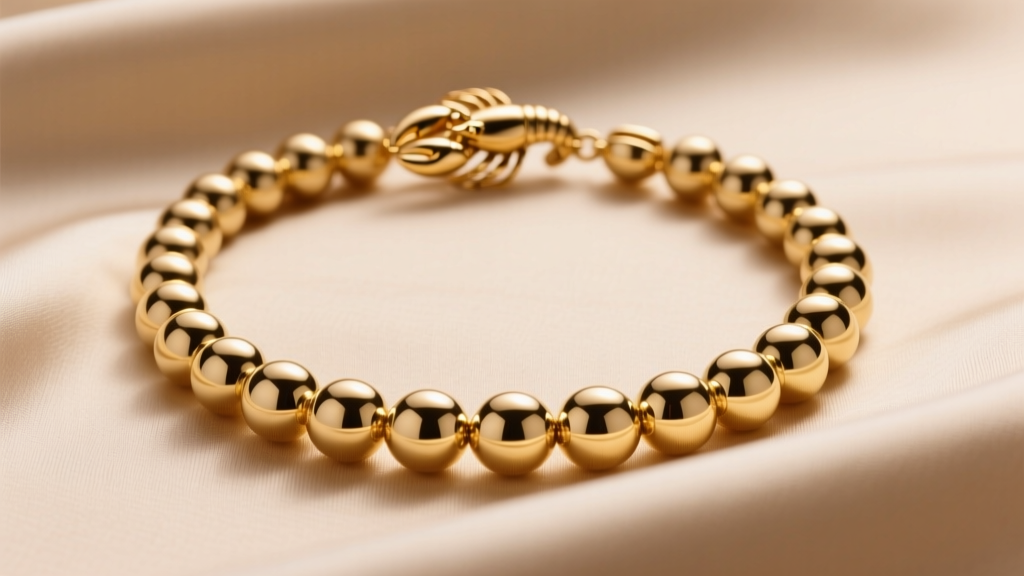 Polished 14k gold bubble necklace on beige silk, showing spherical links and a lobster clasp under soft warm studio lighting.