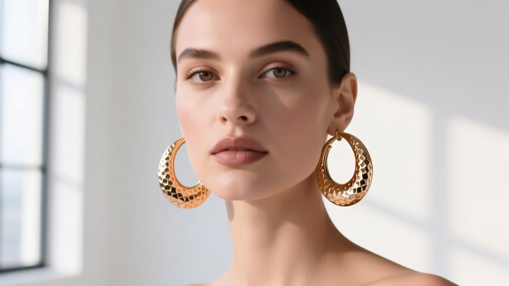 Model wearing 14k rose gold Turkish hammered huggies, displaying the metal's rigidity, warm blush tone, and textured surface