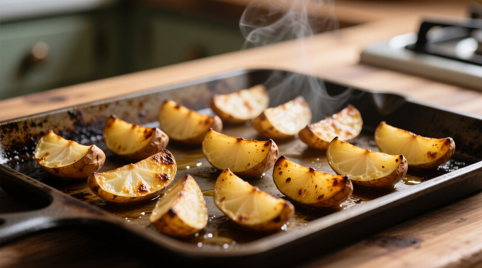 Golden brown oven roasted potato slices on baking sheet