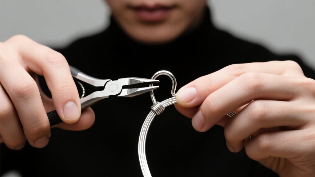 Jeweler using nylon pliers to realign a bent 20-gauge sterling silver english lock wire under bright studio light.