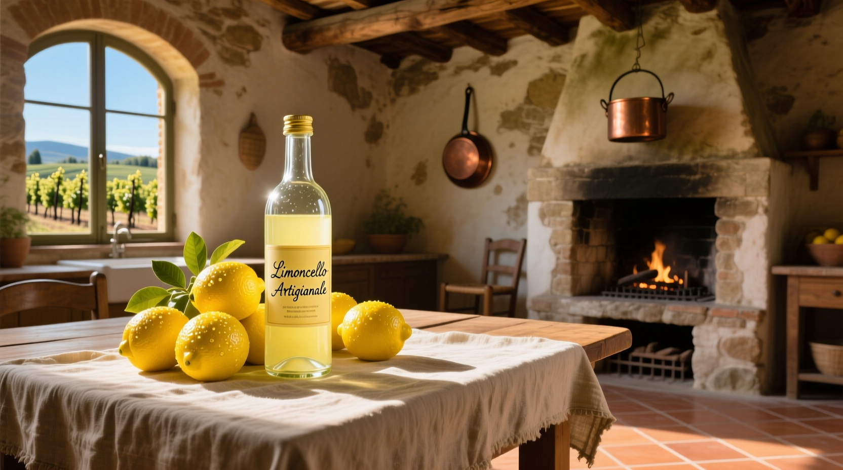 Fresh lemons and limoncello in a traditional Italian setting