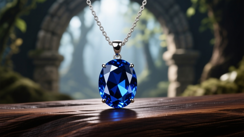 Close-up of a deep blue oval sapphire pendant on a silver chain resting on dark oak, evoking a classic fantasy RPG game aesthetic.