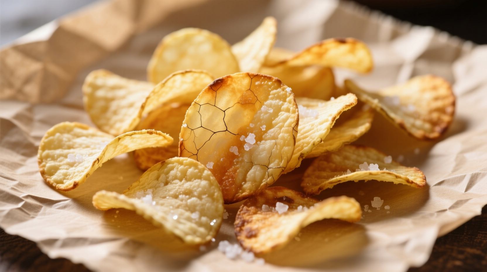 Crispy golden oven-baked potato chips on parchment paper