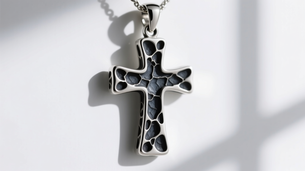 Macro view of oxidized crevices on a sterling silver James Avery cross pendant revealing the intentional dark factory patina finish.
