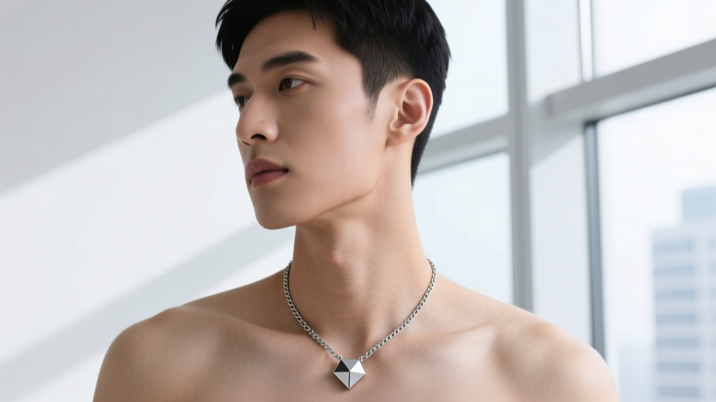 Minimalist 2mm silver box chain with a small matte geometric pendant on a man